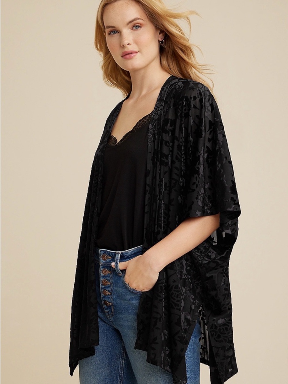 Maurices Black Velvet Burnout Floral Sheer Cardigan